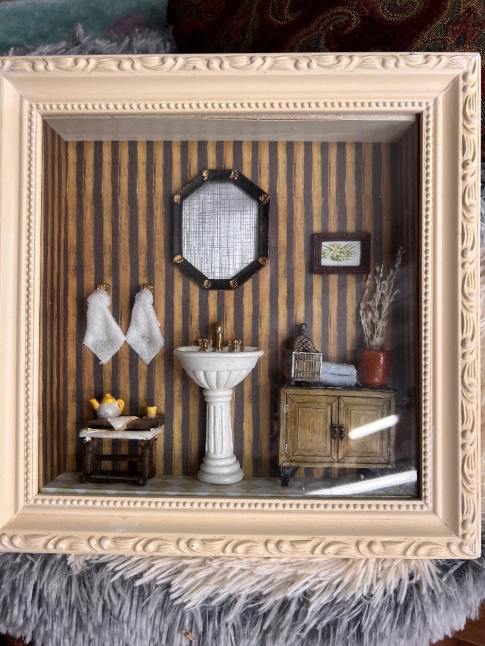 Miniature Bathroom Diorama Shadow Box with Cream Frame